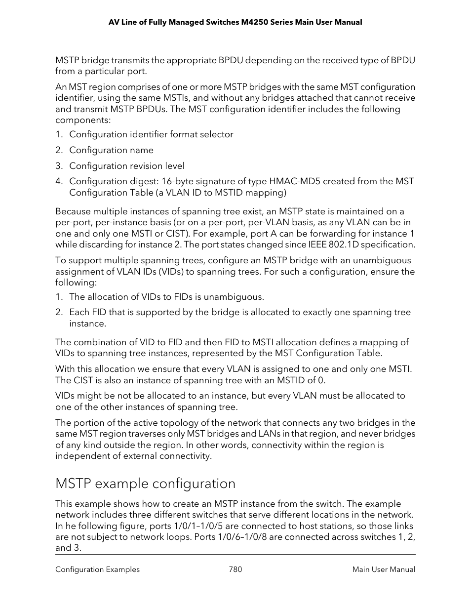 Mstp example configuration | NETGEAR AV Line M4250 GSM4210PX 8-Port Gigabit PoE+ Compliant Managed AV Switch with SFP (220W) User Manual | Page 780 / 826