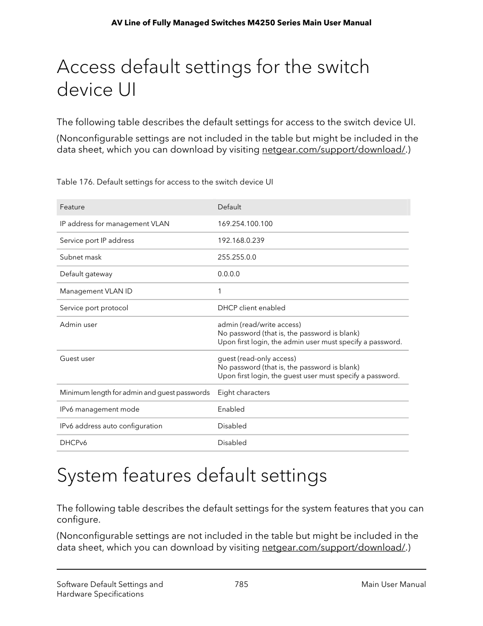 Access default settings for the switch device ui, System features default settings | NETGEAR AV Line M4250 GSM4210PX 8-Port Gigabit PoE+ Compliant Managed AV Switch with SFP (220W) User Manual | Page 785 / 826