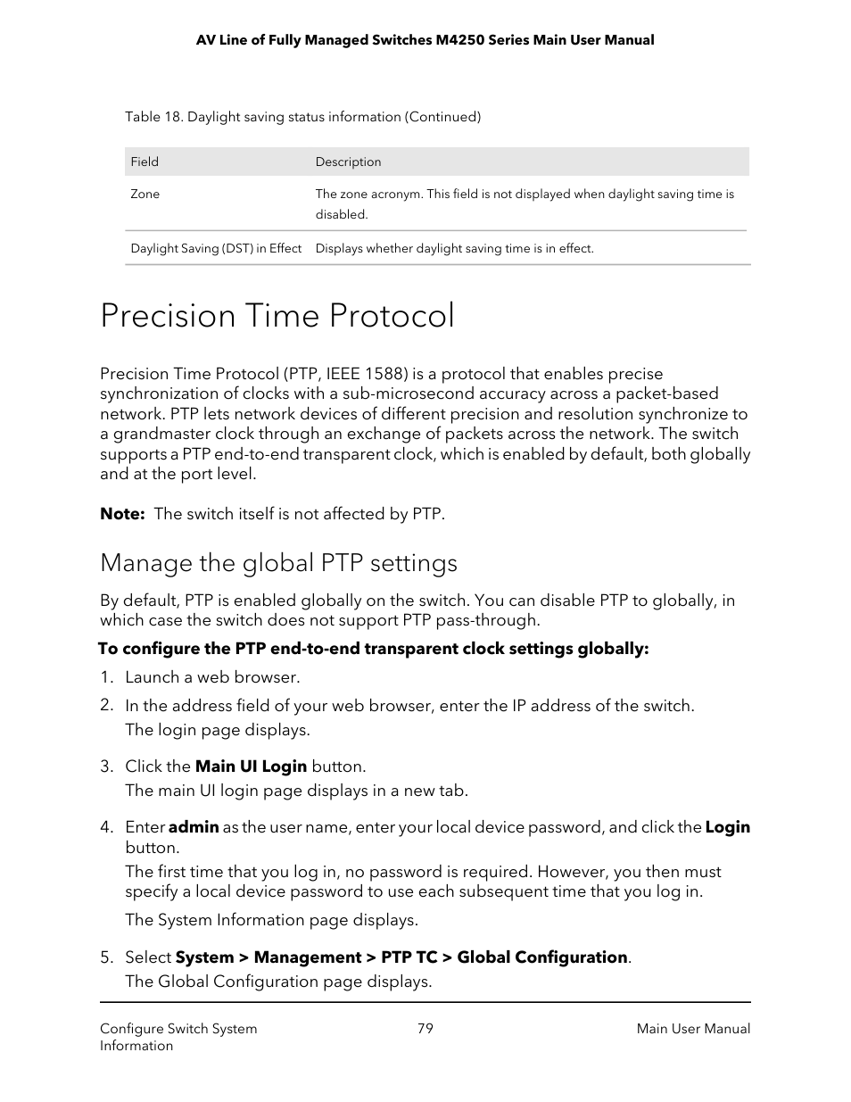 Precision time protocol, Manage the global ptp settings | NETGEAR AV Line M4250 GSM4210PX 8-Port Gigabit PoE+ Compliant Managed AV Switch with SFP (220W) User Manual | Page 79 / 826