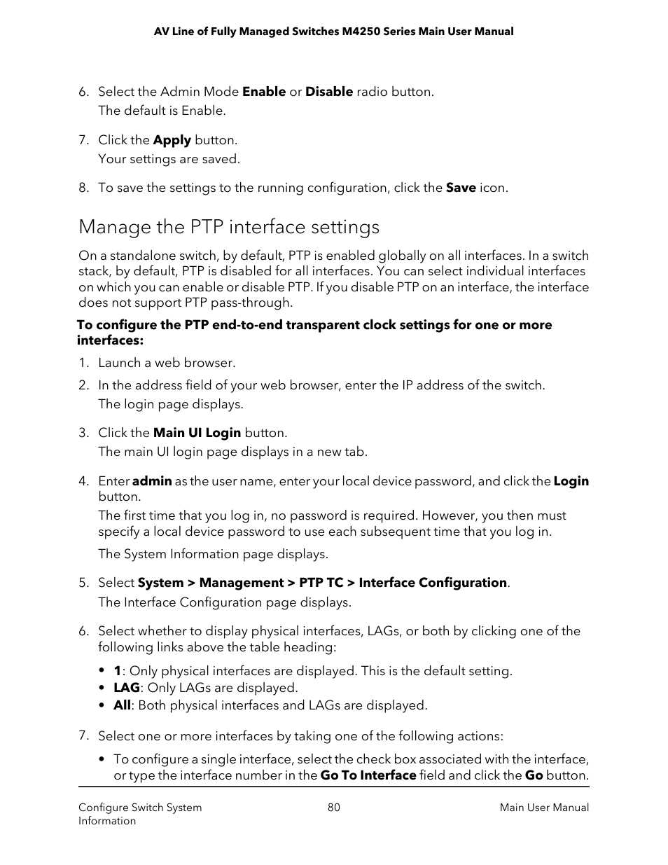 Manage the ptp interface settings | NETGEAR AV Line M4250 GSM4210PX 8-Port Gigabit PoE+ Compliant Managed AV Switch with SFP (220W) User Manual | Page 80 / 826