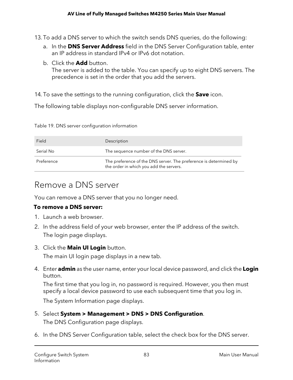 Remove a dns server | NETGEAR AV Line M4250 GSM4210PX 8-Port Gigabit PoE+ Compliant Managed AV Switch with SFP (220W) User Manual | Page 83 / 826