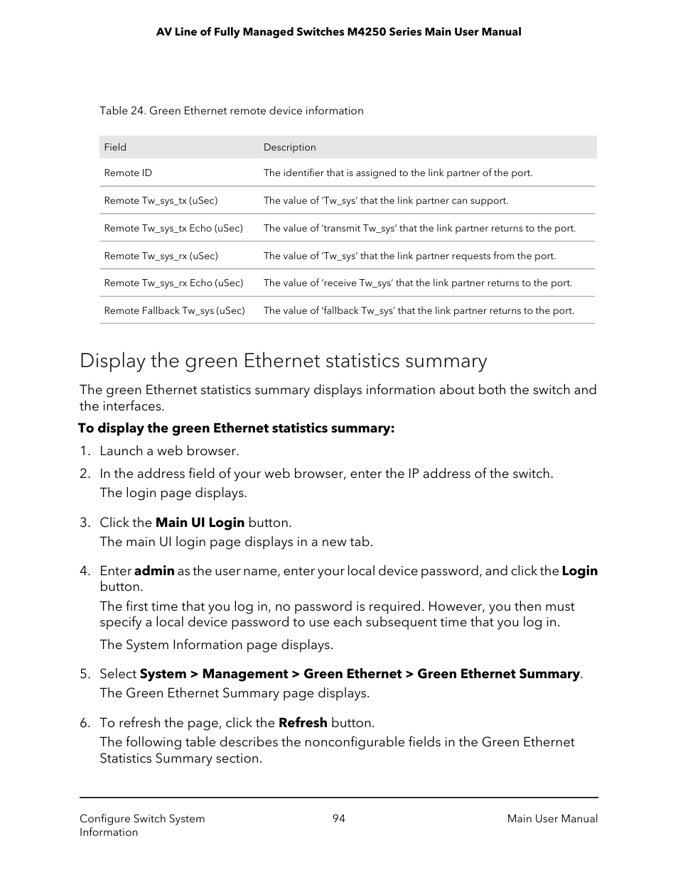 Display the green ethernet statistics summary | NETGEAR AV Line M4250 GSM4210PX 8-Port Gigabit PoE+ Compliant Managed AV Switch with SFP (220W) User Manual | Page 94 / 826