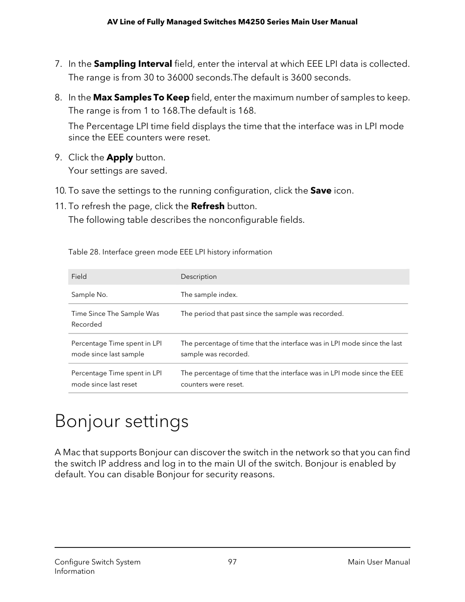 Bonjour settings | NETGEAR AV Line M4250 GSM4210PX 8-Port Gigabit PoE+ Compliant Managed AV Switch with SFP (220W) User Manual | Page 97 / 826