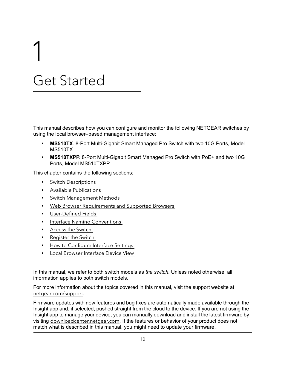 1 get started, Chapter 1, Get started | NETGEAR MS510TXPP 8 Port Gigabit PoE Managed Switch User Manual | Page 10 / 355