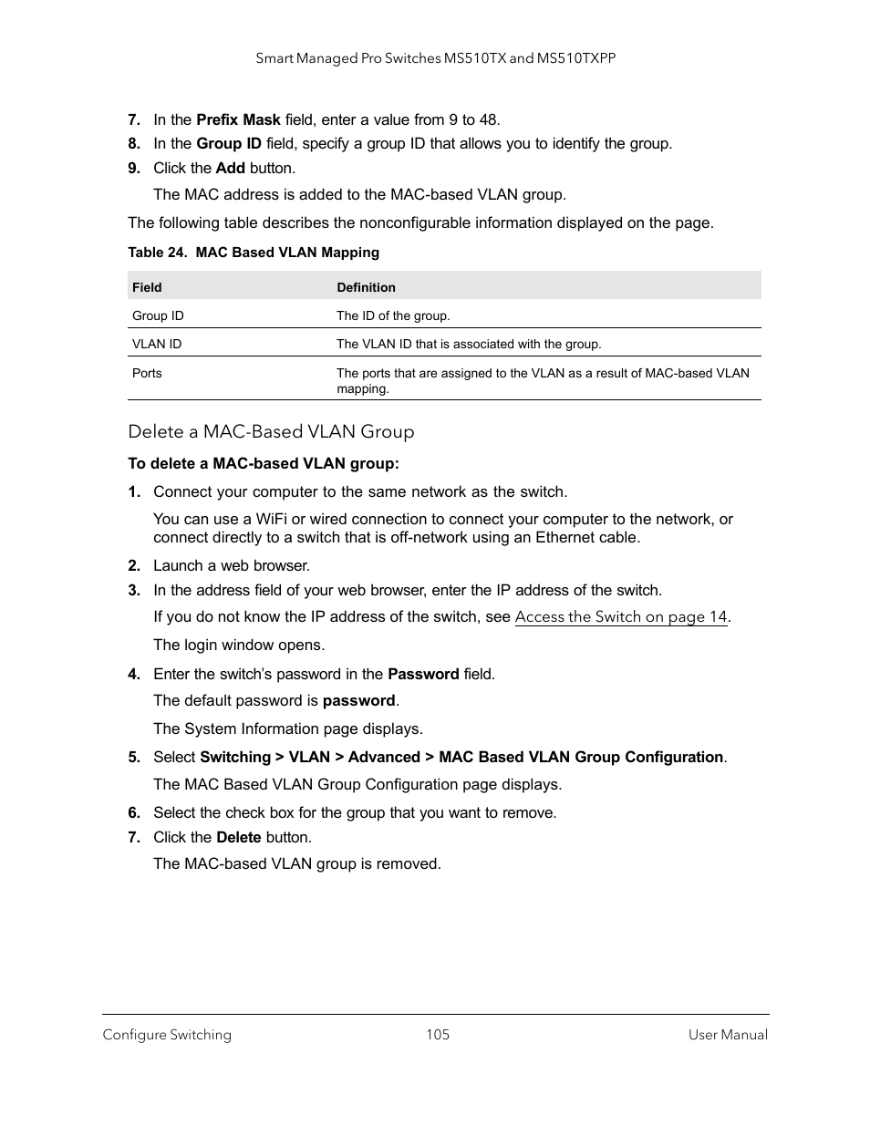 Delete a mac-based vlan group | NETGEAR MS510TXPP 8 Port Gigabit PoE Managed Switch User Manual | Page 105 / 355