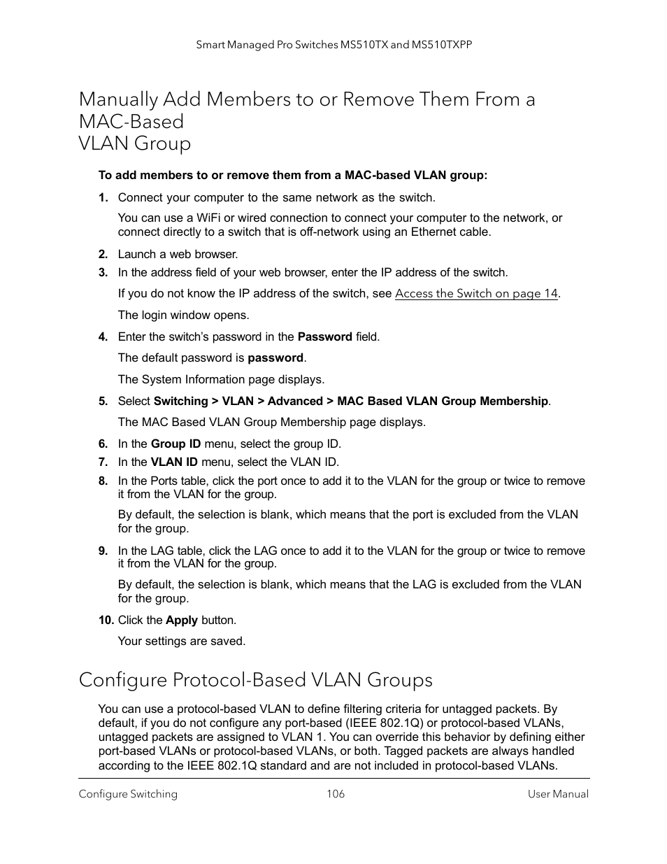 Configure protocol-based vlan groups, Vlan group configure protocol-based vlan groups | NETGEAR MS510TXPP 8 Port Gigabit PoE Managed Switch User Manual | Page 106 / 355