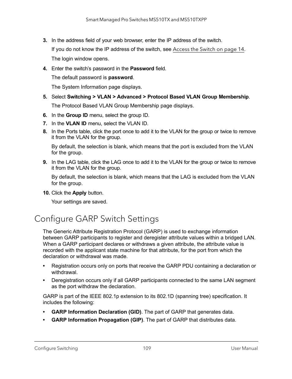 Configure garp switch settings | NETGEAR MS510TXPP 8 Port Gigabit PoE Managed Switch User Manual | Page 109 / 355