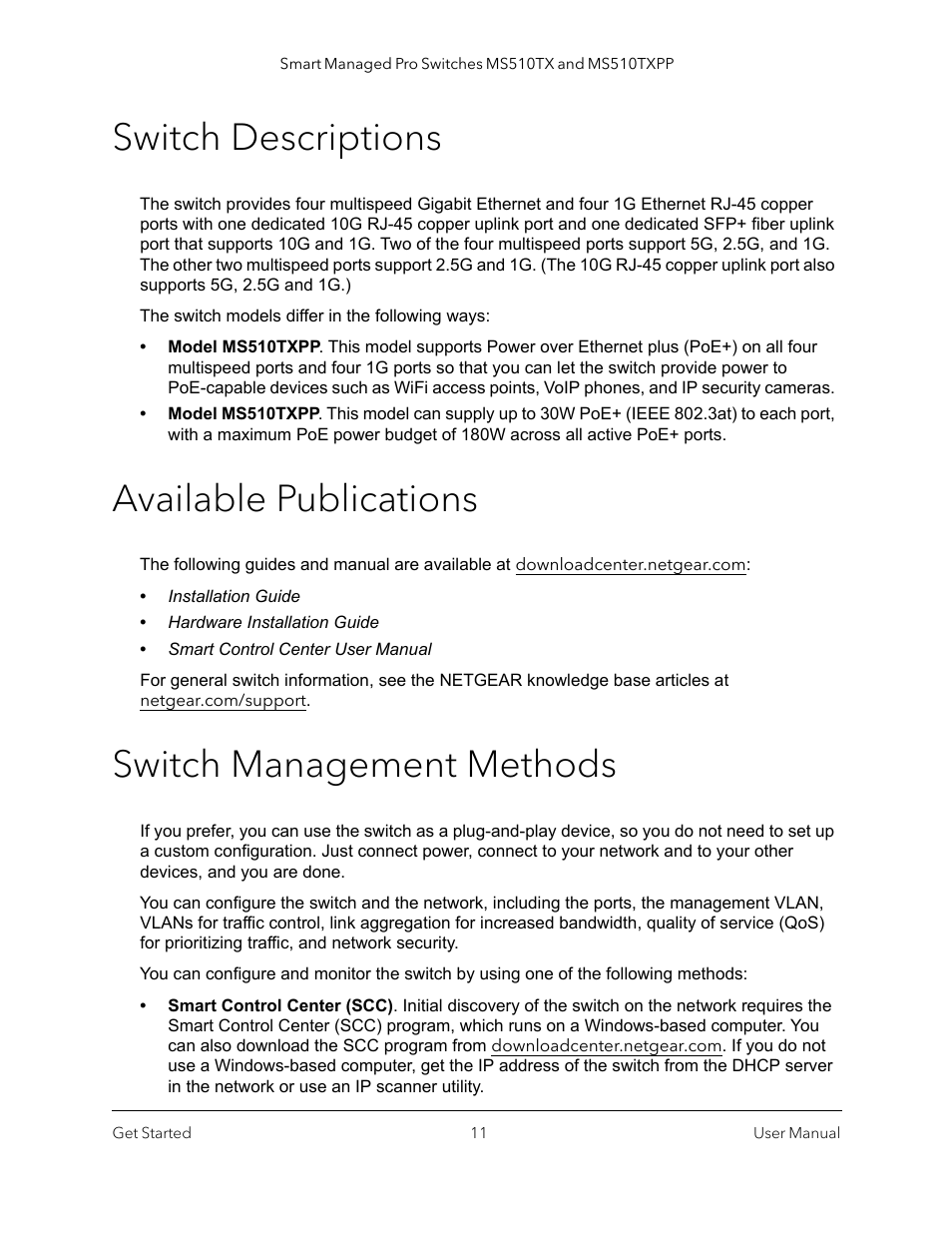 Switch descriptions, Available publications, Switch management methods | Available publications switch management methods | NETGEAR MS510TXPP 8 Port Gigabit PoE Managed Switch User Manual | Page 11 / 355