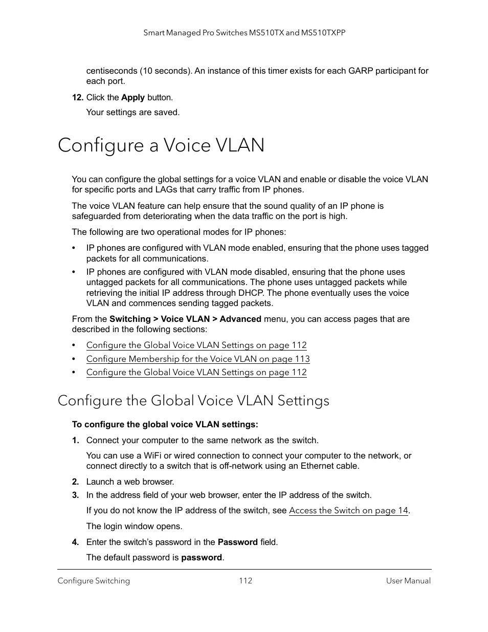 Configure a voice vlan, Configure the global voice vlan settings | NETGEAR MS510TXPP 8 Port Gigabit PoE Managed Switch User Manual | Page 112 / 355