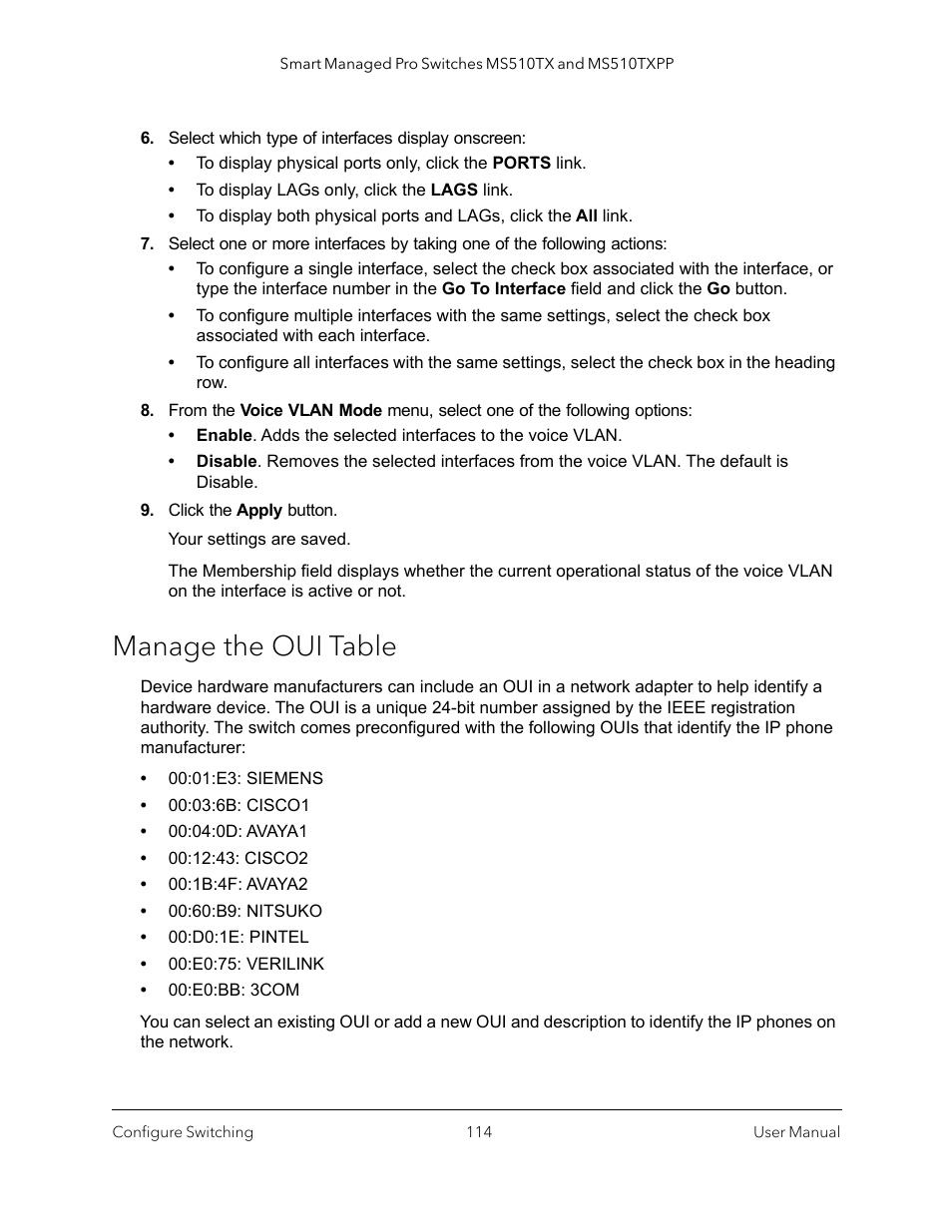 Manage the oui table | NETGEAR MS510TXPP 8 Port Gigabit PoE Managed Switch User Manual | Page 114 / 355