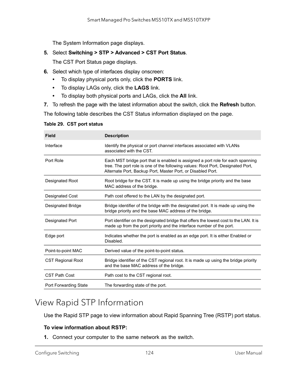 View rapid stp information | NETGEAR MS510TXPP 8 Port Gigabit PoE Managed Switch User Manual | Page 124 / 355