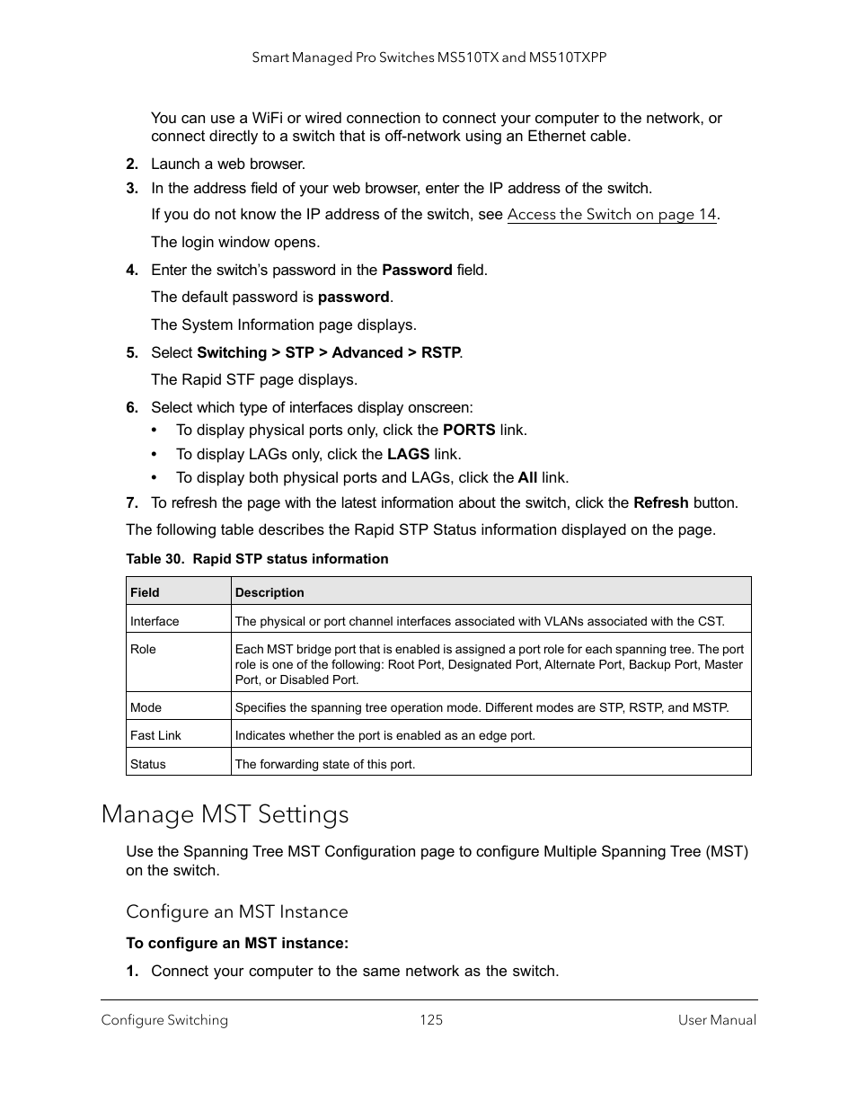 Manage mst settings, Configure an mst instance | NETGEAR MS510TXPP 8 Port Gigabit PoE Managed Switch User Manual | Page 125 / 355