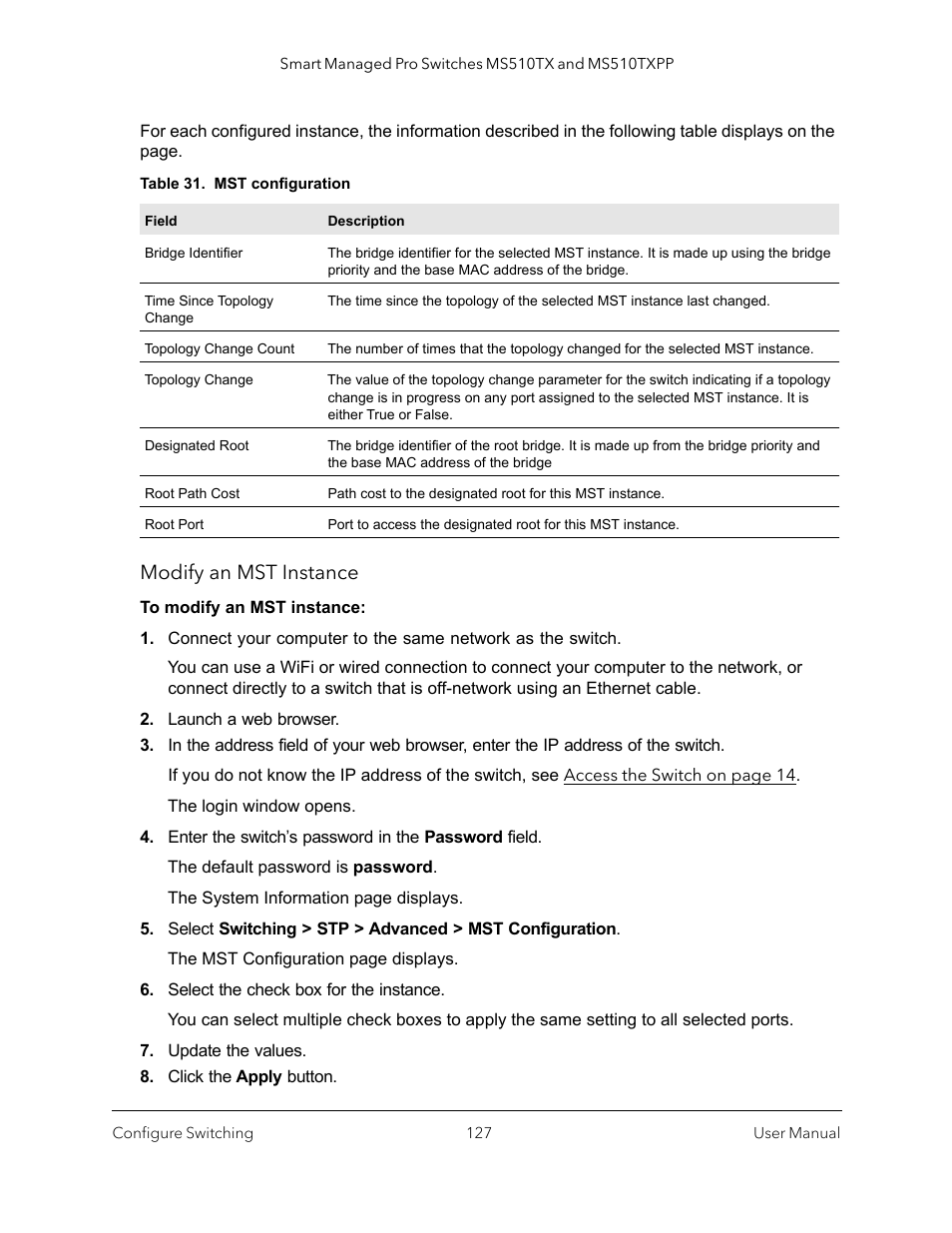 Modify an mst instance | NETGEAR MS510TXPP 8 Port Gigabit PoE Managed Switch User Manual | Page 127 / 355