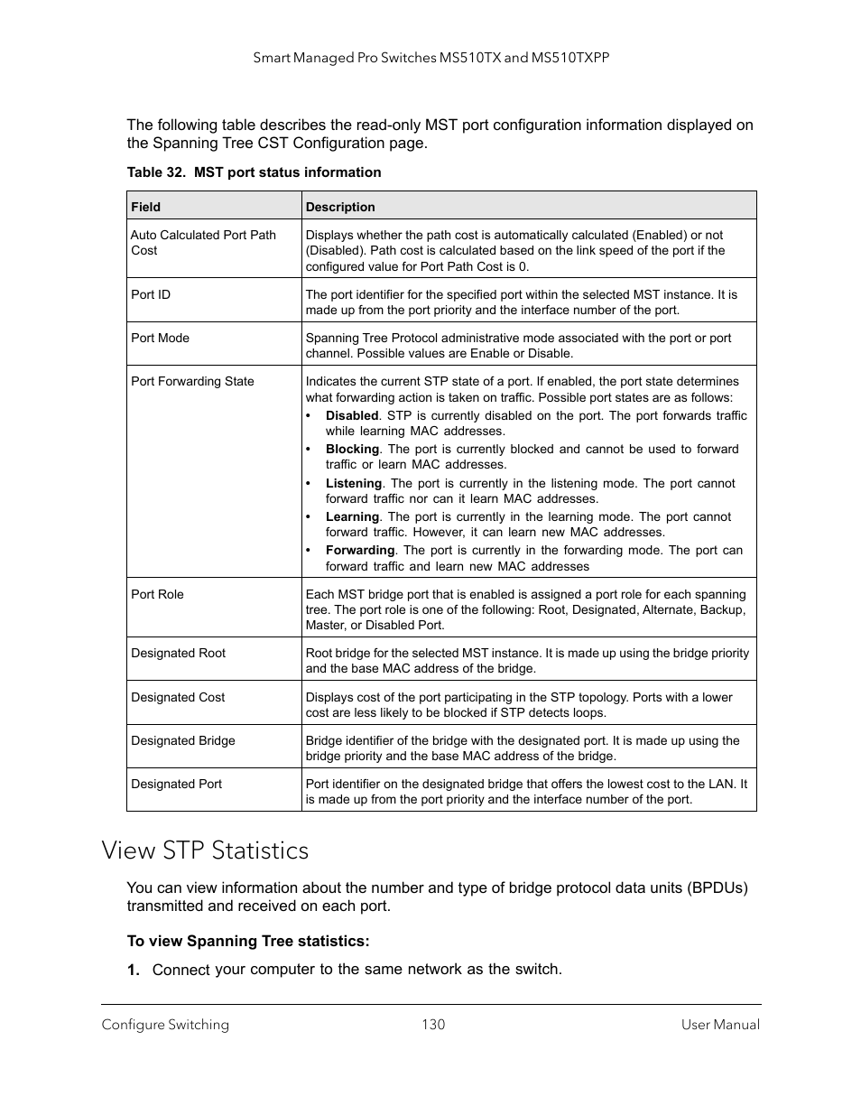 View stp statistics | NETGEAR MS510TXPP 8 Port Gigabit PoE Managed Switch User Manual | Page 130 / 355