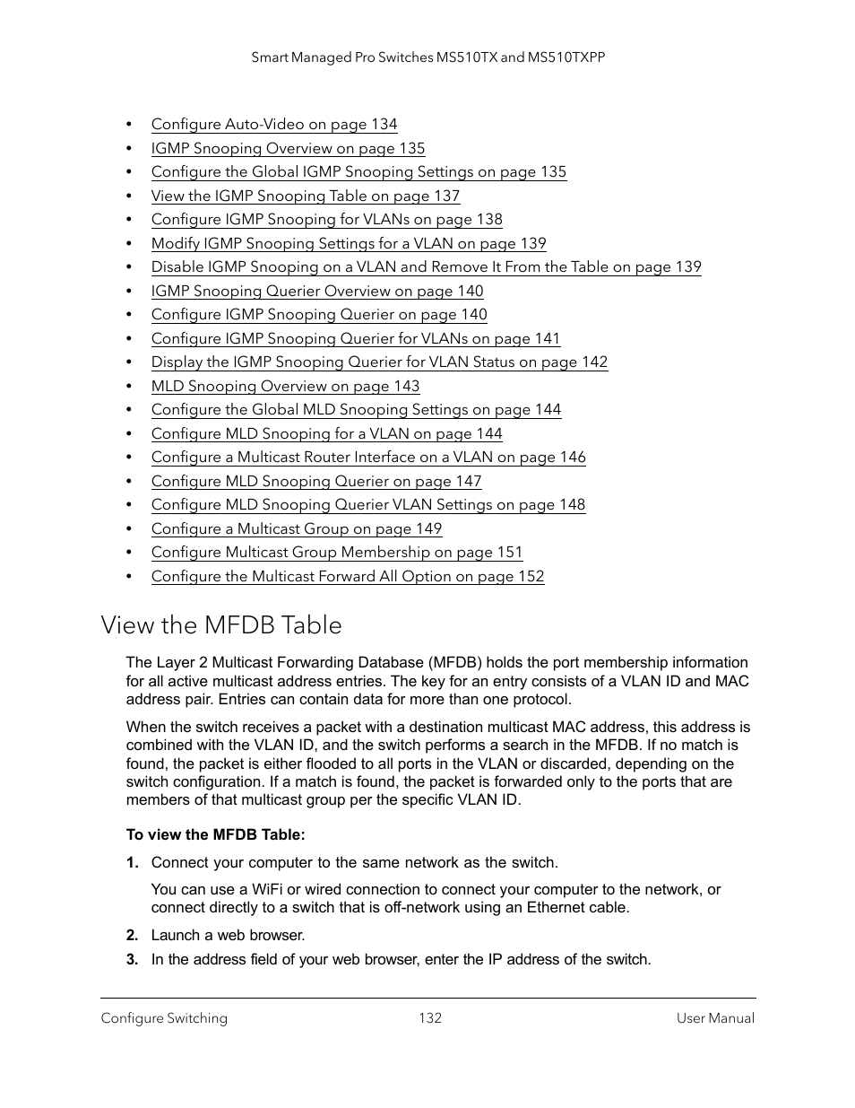 View the mfdb table | NETGEAR MS510TXPP 8 Port Gigabit PoE Managed Switch User Manual | Page 132 / 355