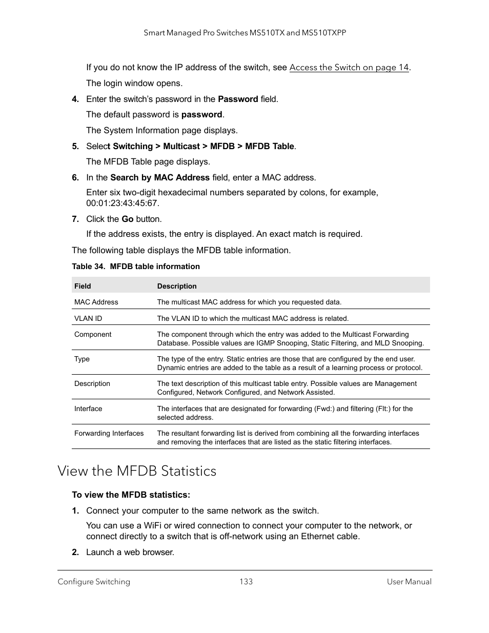 View the mfdb statistics | NETGEAR MS510TXPP 8 Port Gigabit PoE Managed Switch User Manual | Page 133 / 355