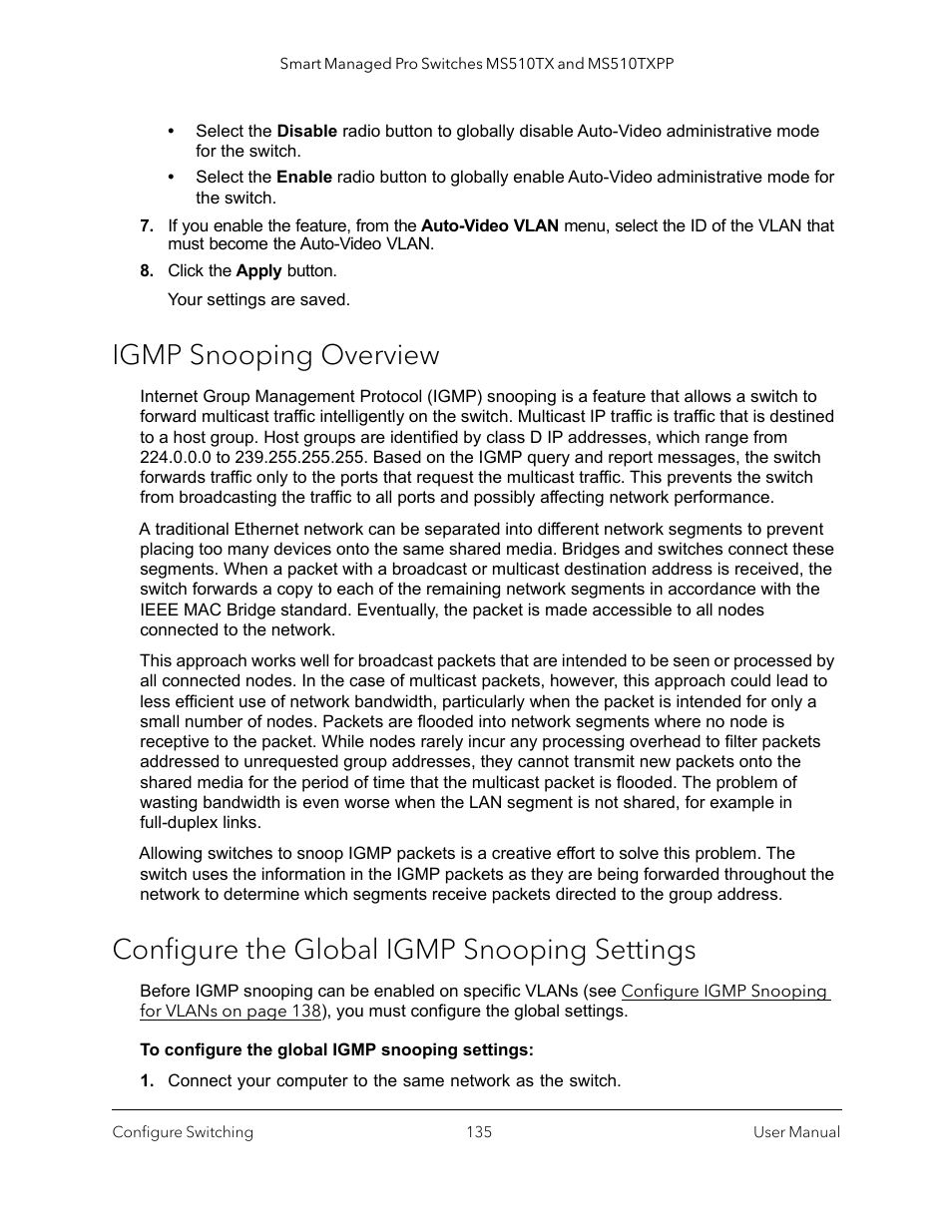 Igmp snooping overview, Configure the global igmp snooping settings | NETGEAR MS510TXPP 8 Port Gigabit PoE Managed Switch User Manual | Page 135 / 355