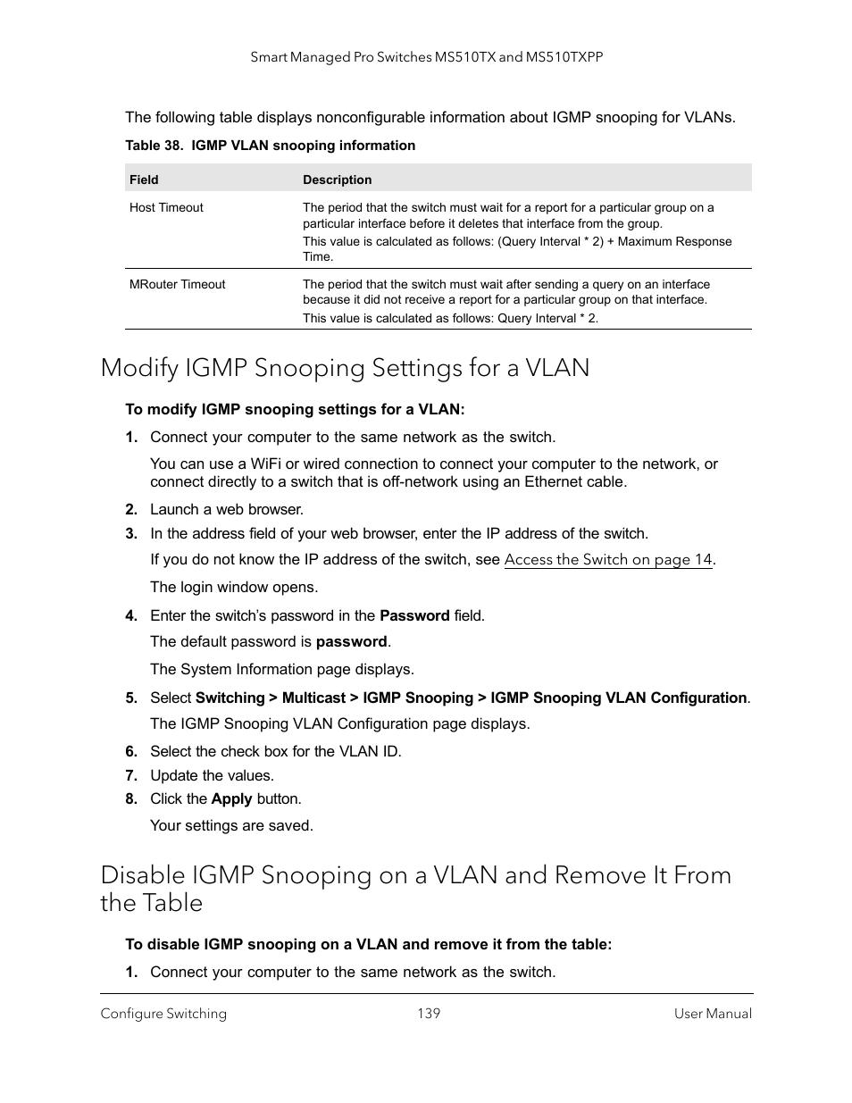 Modify igmp snooping settings for a vlan | NETGEAR MS510TXPP 8 Port Gigabit PoE Managed Switch User Manual | Page 139 / 355