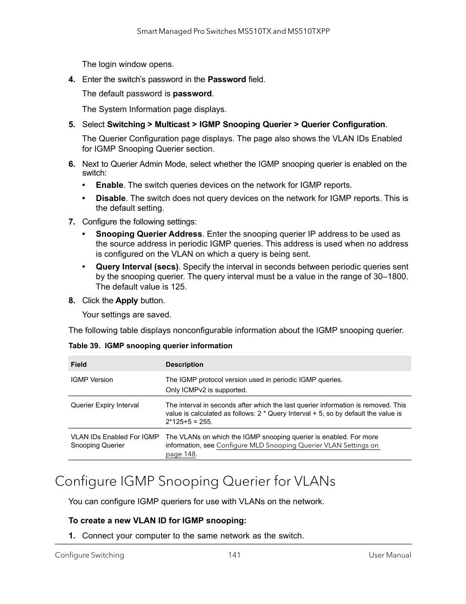 Configure igmp snooping querier for vlans | NETGEAR MS510TXPP 8 Port Gigabit PoE Managed Switch User Manual | Page 141 / 355