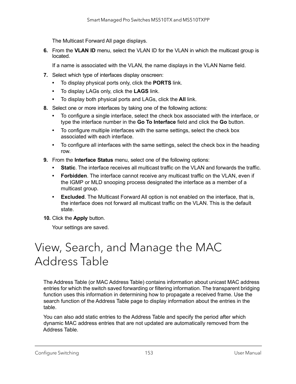 View, search, and manage the mac address table | NETGEAR MS510TXPP 8 Port Gigabit PoE Managed Switch User Manual | Page 153 / 355