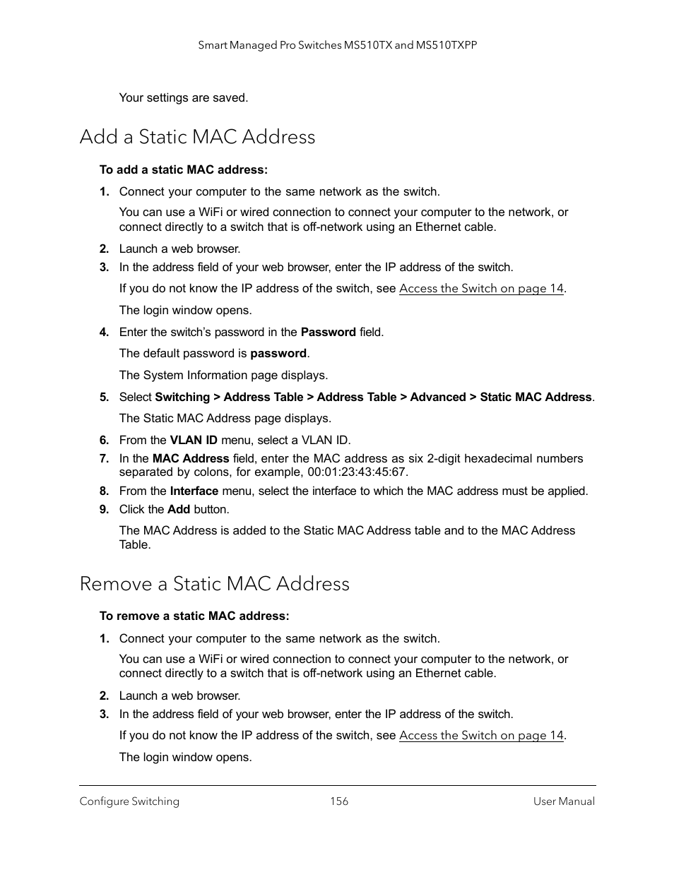 Add a static mac address, Remove a static mac address, Add a static | NETGEAR MS510TXPP 8 Port Gigabit PoE Managed Switch User Manual | Page 156 / 355