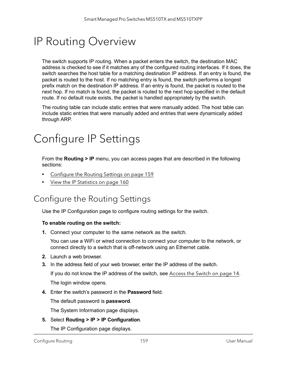 Ip routing overview, Configure ip settings, Configure the routing settings | NETGEAR MS510TXPP 8 Port Gigabit PoE Managed Switch User Manual | Page 159 / 355