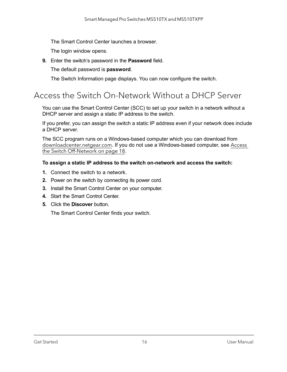 Access the switch on-network without a dhcp server, A static ip address (see, Access the switch | NETGEAR MS510TXPP 8 Port Gigabit PoE Managed Switch User Manual | Page 16 / 355