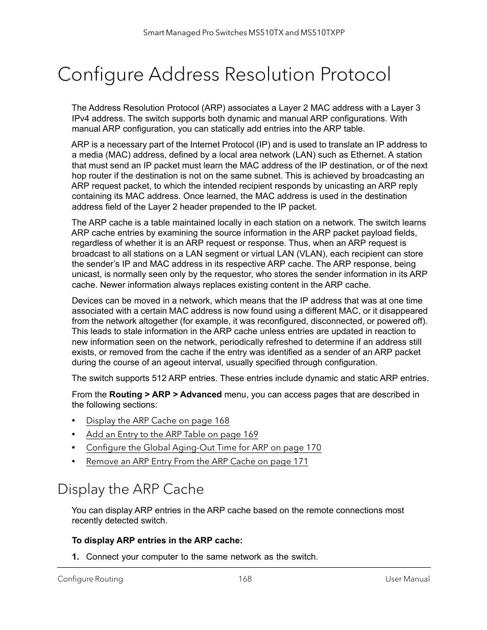 Configure address resolution protocol, Display the arp cache | NETGEAR MS510TXPP 8 Port Gigabit PoE Managed Switch User Manual | Page 168 / 355