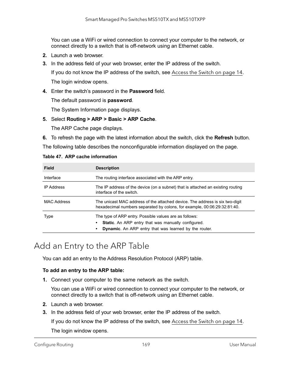 Add an entry to the arp table | NETGEAR MS510TXPP 8 Port Gigabit PoE Managed Switch User Manual | Page 169 / 355