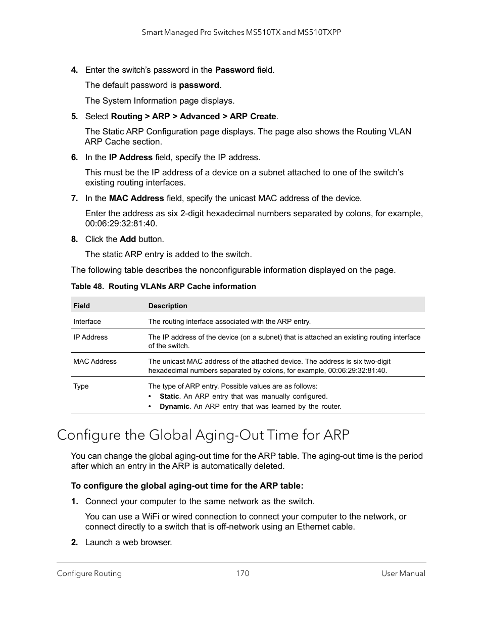 Configure the global aging-out time for arp | NETGEAR MS510TXPP 8 Port Gigabit PoE Managed Switch User Manual | Page 170 / 355