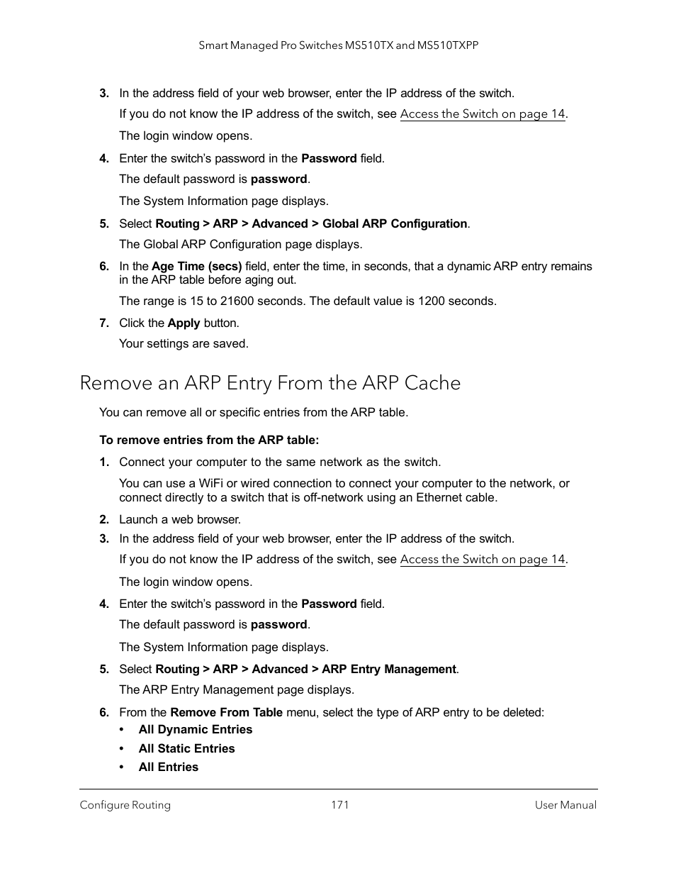 Remove an arp entry from the arp cache | NETGEAR MS510TXPP 8 Port Gigabit PoE Managed Switch User Manual | Page 171 / 355