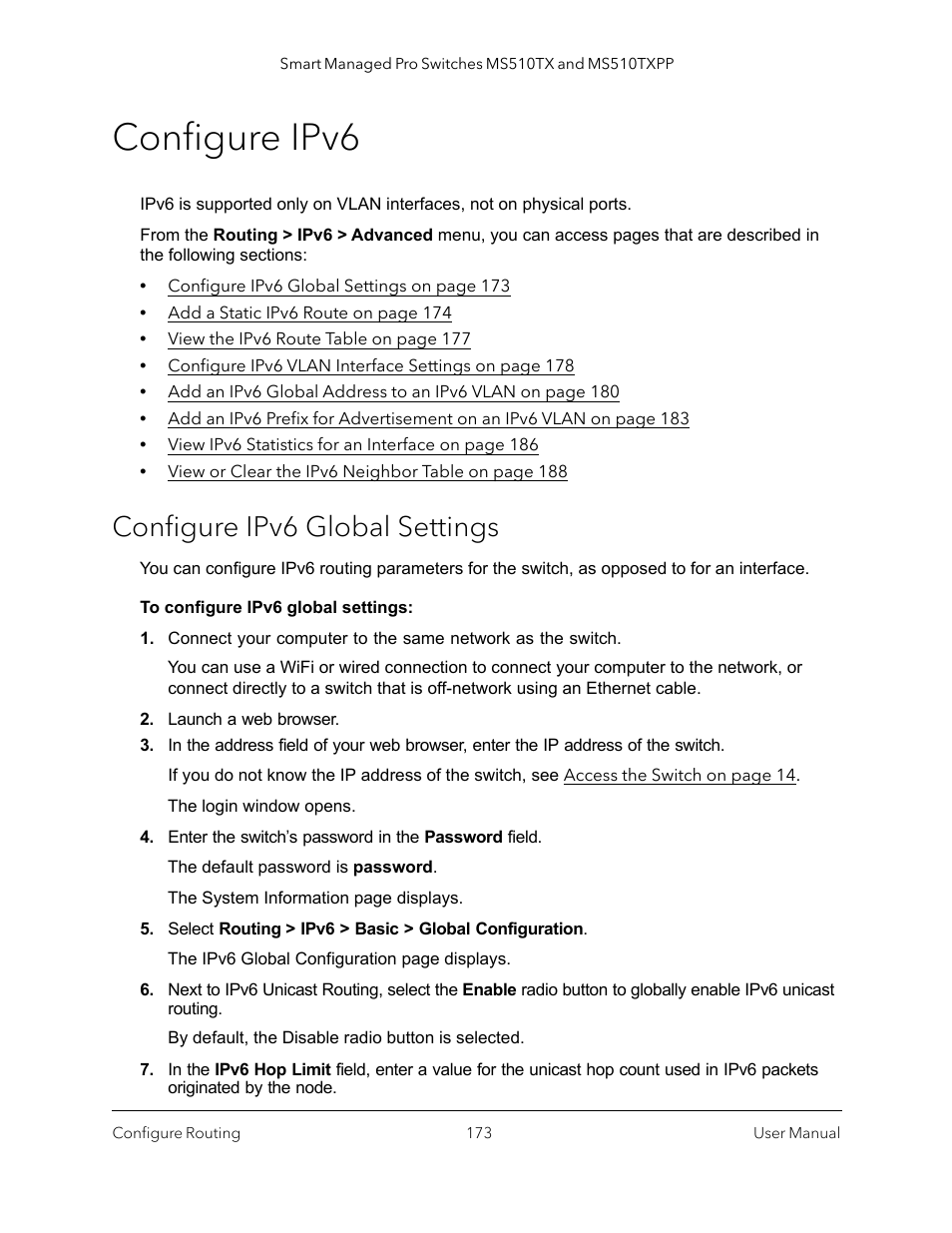 Configure ipv6, Configure ipv6 global settings | NETGEAR MS510TXPP 8 Port Gigabit PoE Managed Switch User Manual | Page 173 / 355