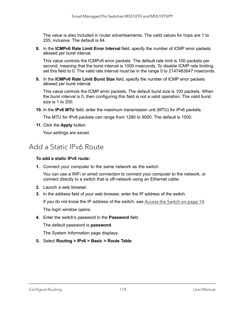 Add a static ipv6 route | NETGEAR MS510TXPP 8 Port Gigabit PoE Managed Switch User Manual | Page 174 / 355