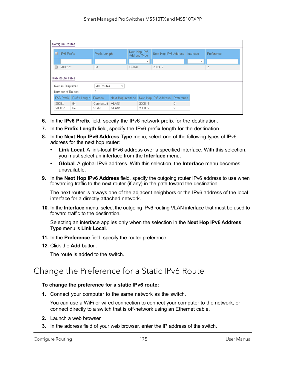 Change the preference for a static ipv6 route | NETGEAR MS510TXPP 8 Port Gigabit PoE Managed Switch User Manual | Page 175 / 355