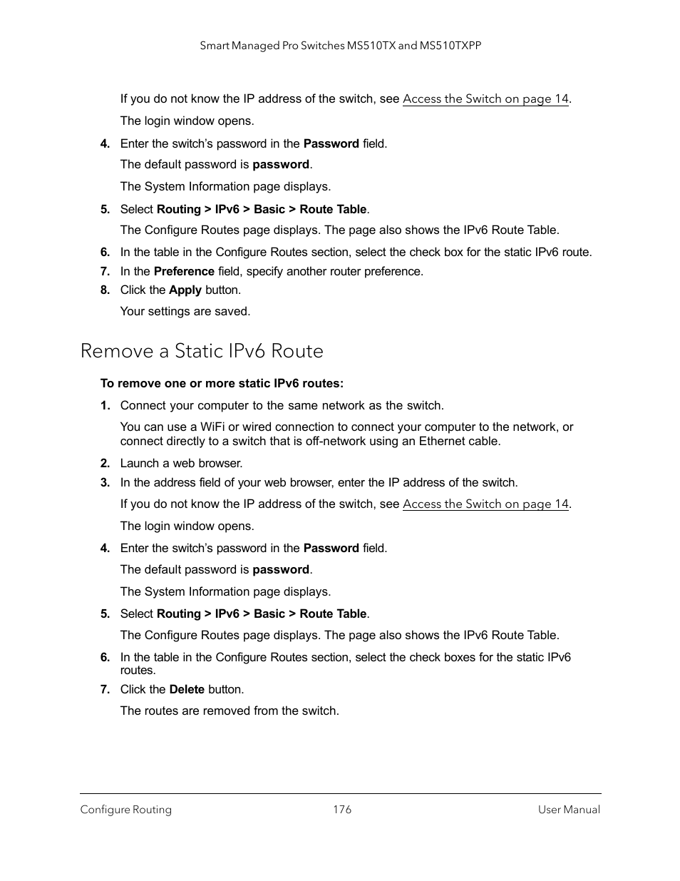 Remove a static ipv6 route | NETGEAR MS510TXPP 8 Port Gigabit PoE Managed Switch User Manual | Page 176 / 355