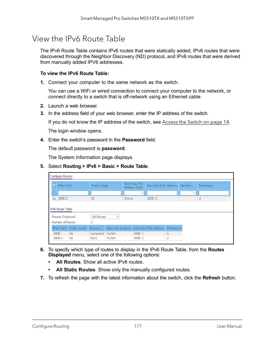 View the ipv6 route table | NETGEAR MS510TXPP 8 Port Gigabit PoE Managed Switch User Manual | Page 177 / 355