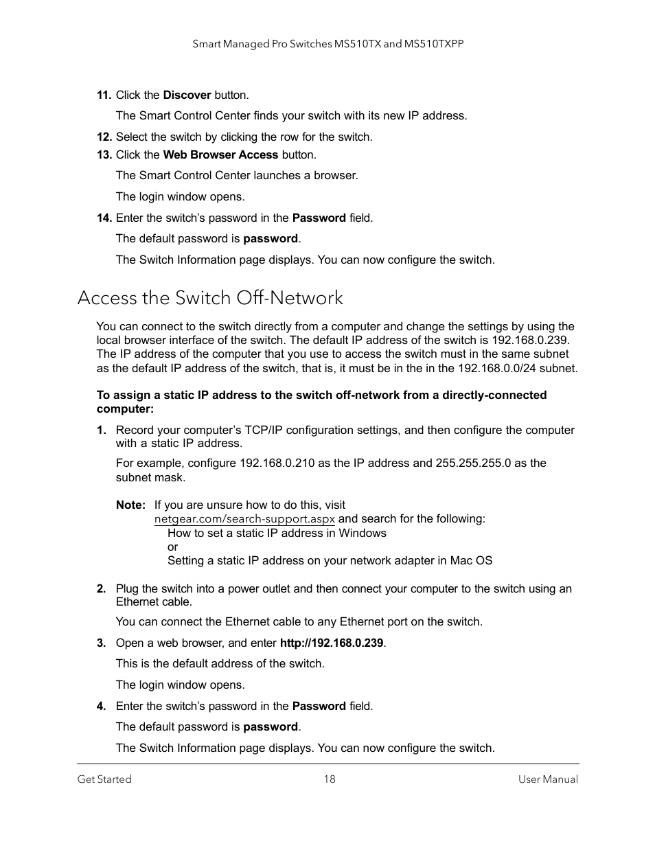 Access the switch off-network, Twork, see, Access the switch | Access | NETGEAR MS510TXPP 8 Port Gigabit PoE Managed Switch User Manual | Page 18 / 355