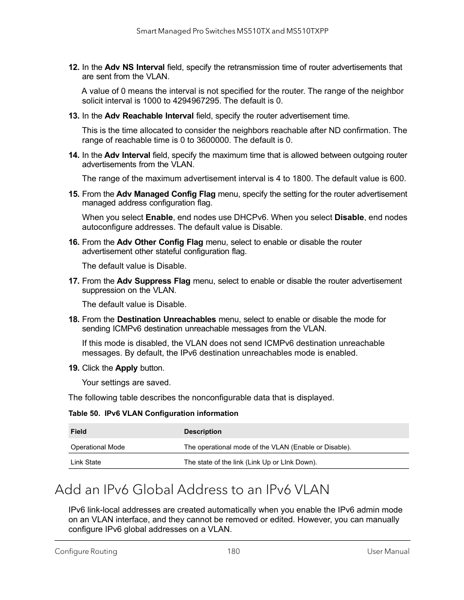 Add an ipv6 global address to an ipv6 vlan | NETGEAR MS510TXPP 8 Port Gigabit PoE Managed Switch User Manual | Page 180 / 355