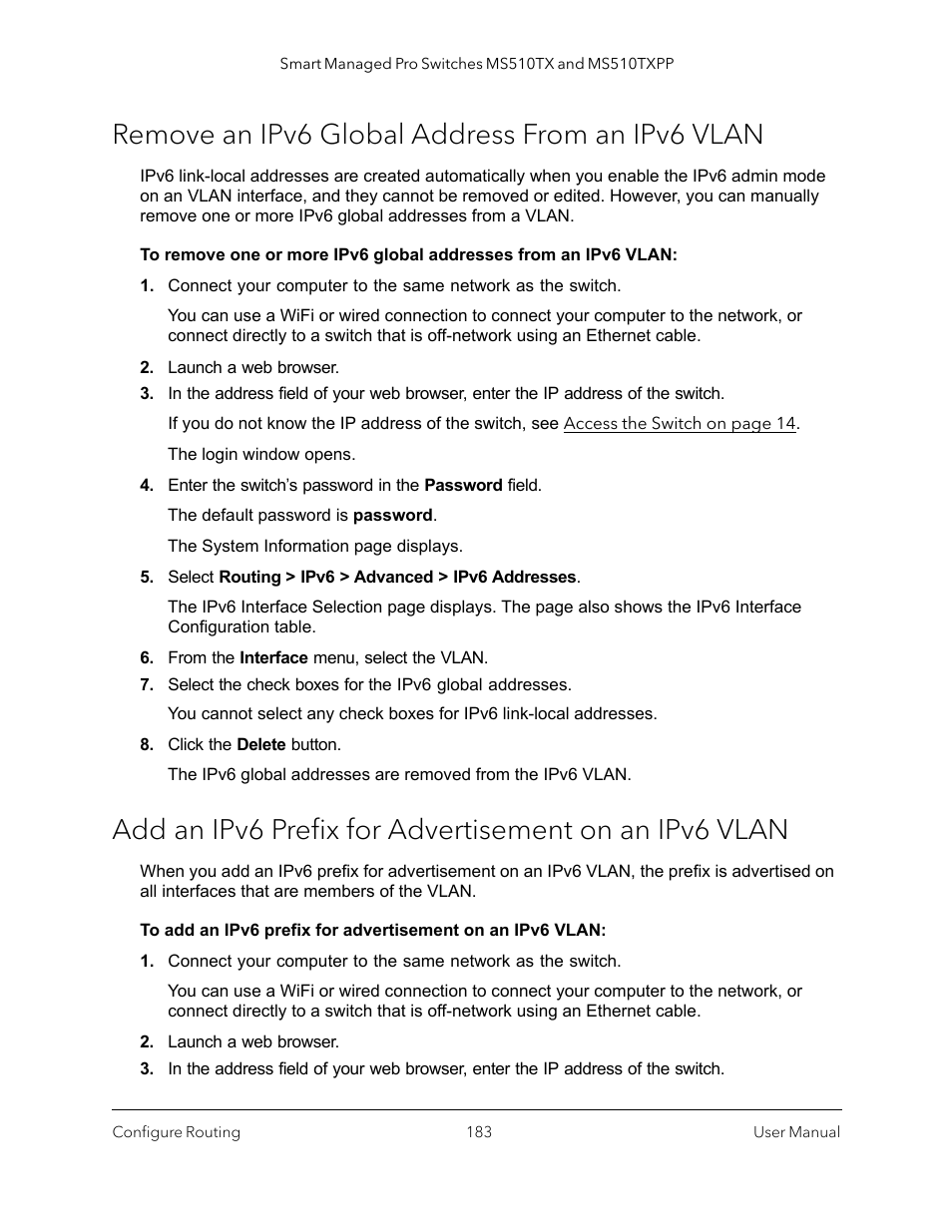 Remove an ipv6 global address from an ipv6 vlan | NETGEAR MS510TXPP 8 Port Gigabit PoE Managed Switch User Manual | Page 183 / 355