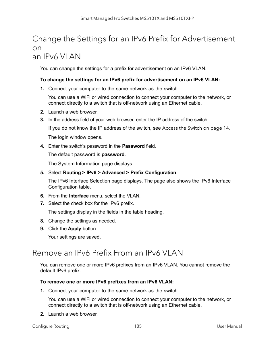 Remove an ipv6 prefix from an ipv6 vlan | NETGEAR MS510TXPP 8 Port Gigabit PoE Managed Switch User Manual | Page 185 / 355