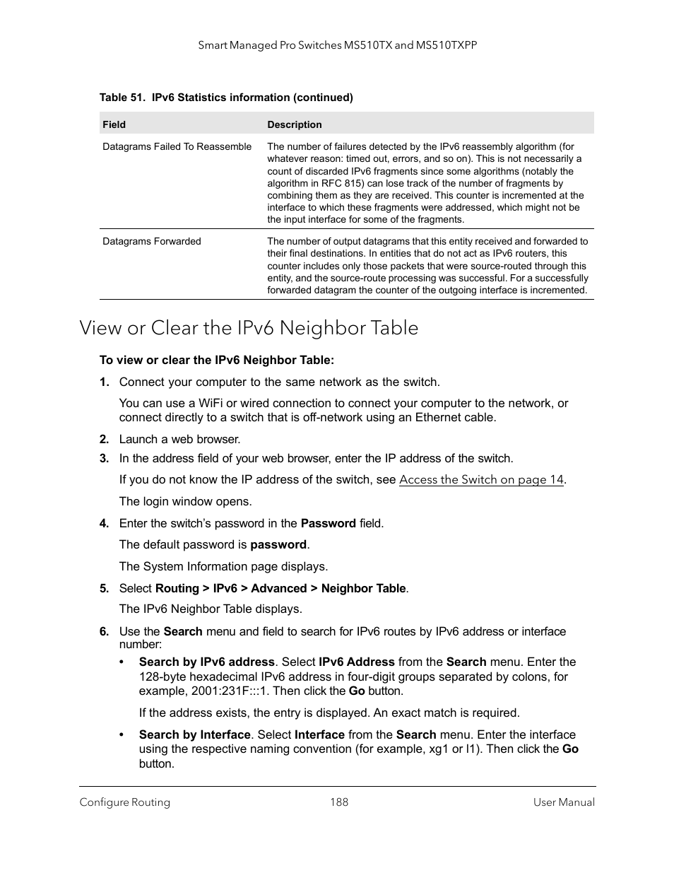 View or clear the ipv6 neighbor table | NETGEAR MS510TXPP 8 Port Gigabit PoE Managed Switch User Manual | Page 188 / 355