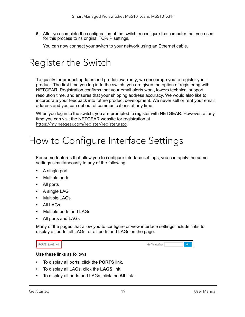 Register the switch, How to configure interface settings | NETGEAR MS510TXPP 8 Port Gigabit PoE Managed Switch User Manual | Page 19 / 355