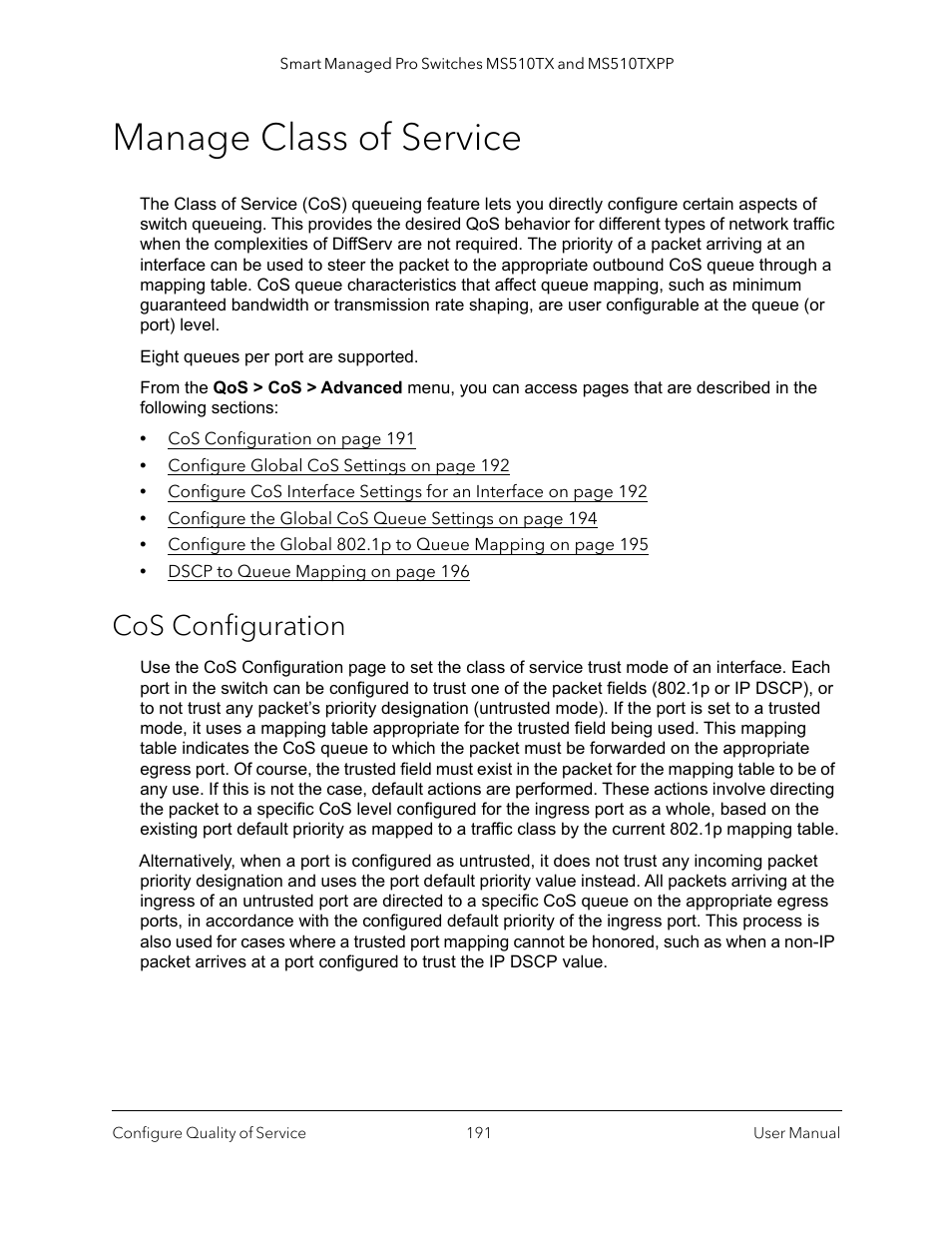 Manage class of service, Cos configuration | NETGEAR MS510TXPP 8 Port Gigabit PoE Managed Switch User Manual | Page 191 / 355