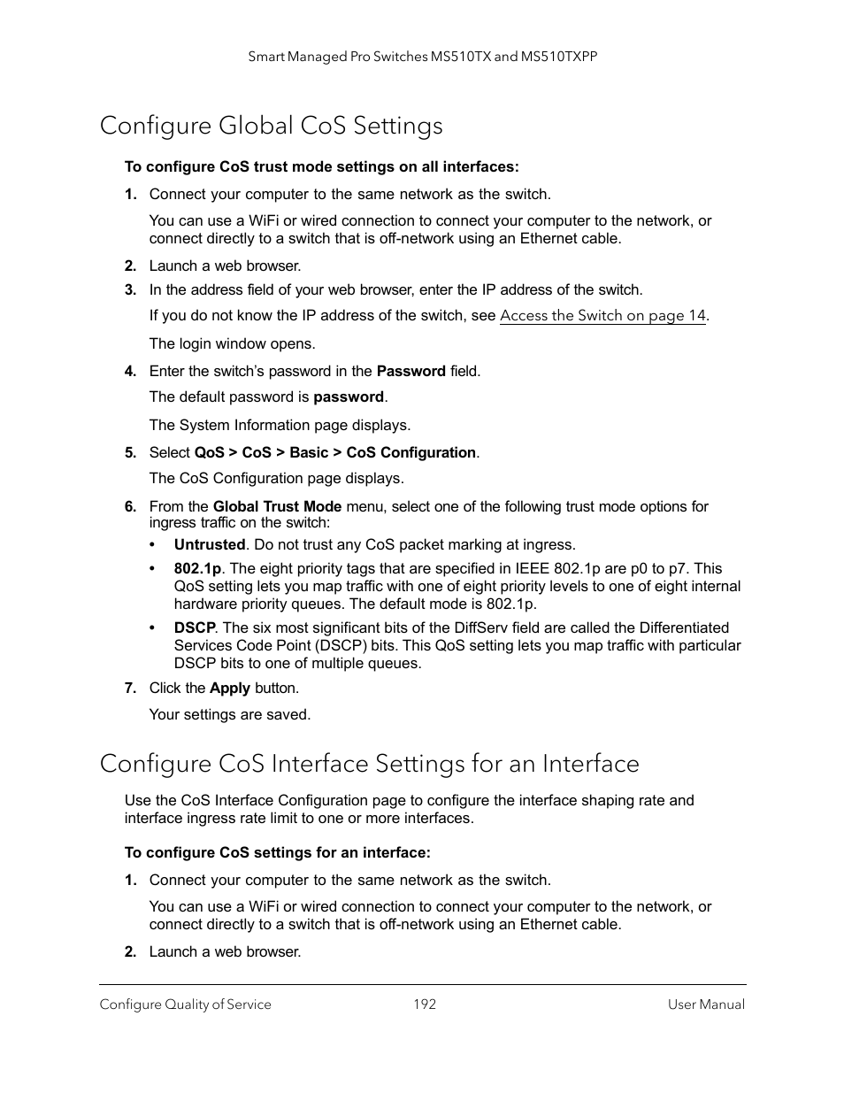 Configure global cos settings, Configure cos interface settings for an interface | NETGEAR MS510TXPP 8 Port Gigabit PoE Managed Switch User Manual | Page 192 / 355