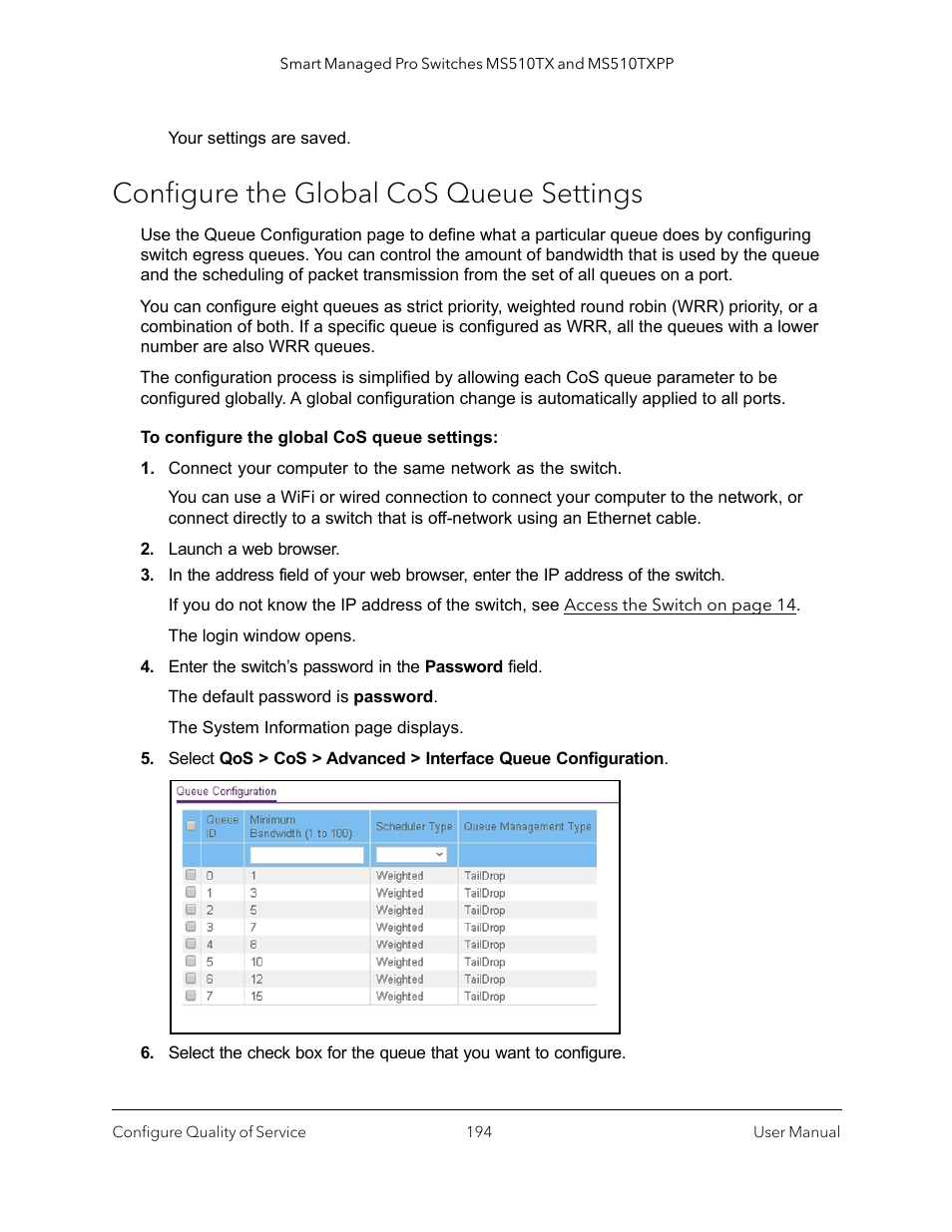 Configure the global cos queue settings | NETGEAR MS510TXPP 8 Port Gigabit PoE Managed Switch User Manual | Page 194 / 355