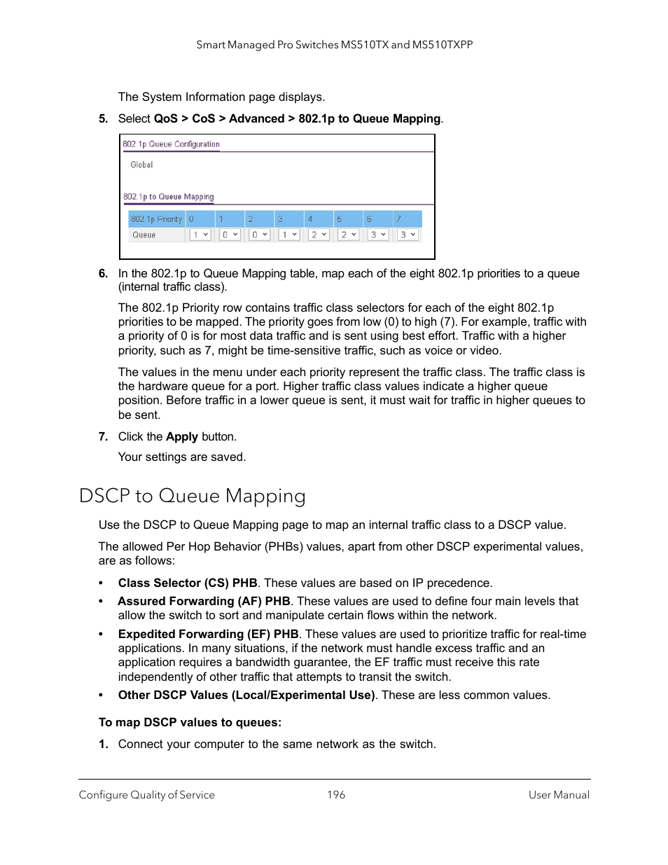 Dscp to queue mapping | NETGEAR MS510TXPP 8 Port Gigabit PoE Managed Switch User Manual | Page 196 / 355