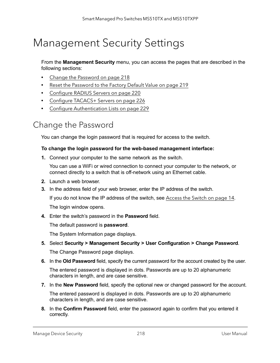 Management security settings, Change the password, Change the password on | NETGEAR MS510TXPP 8 Port Gigabit PoE Managed Switch User Manual | Page 218 / 355