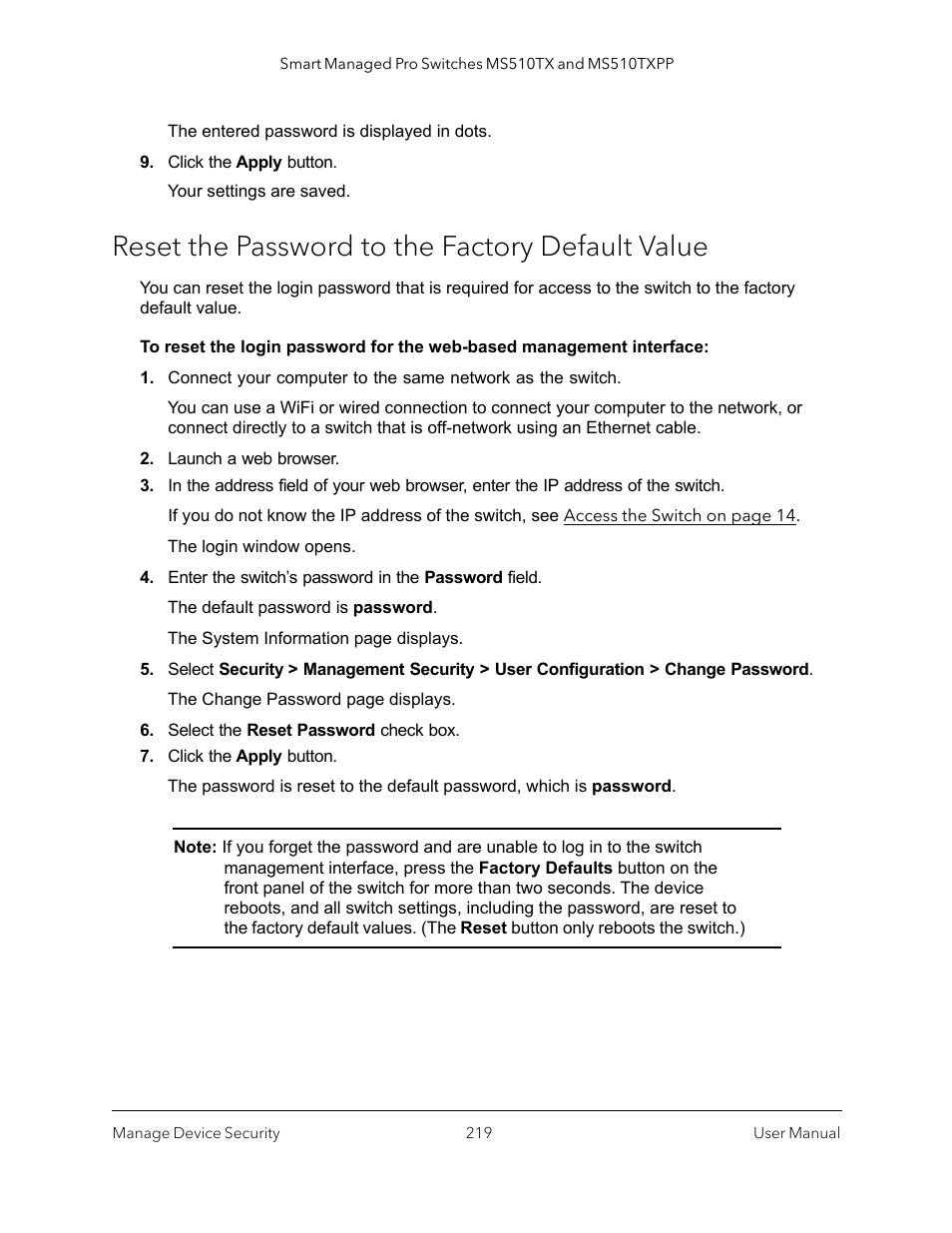 Reset the password to the factory default value | NETGEAR MS510TXPP 8 Port Gigabit PoE Managed Switch User Manual | Page 219 / 355