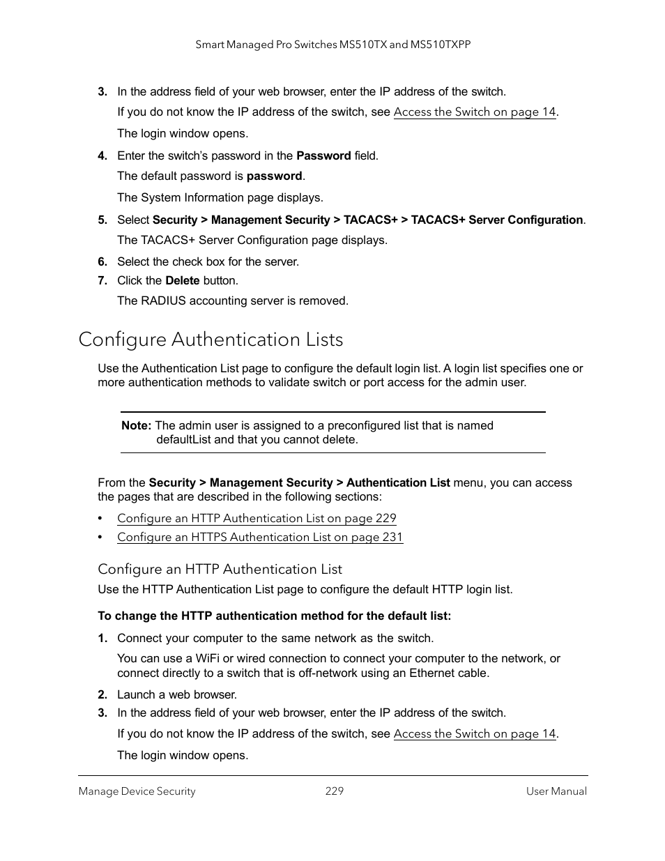 Configure authentication lists | NETGEAR MS510TXPP 8 Port Gigabit PoE Managed Switch User Manual | Page 229 / 355