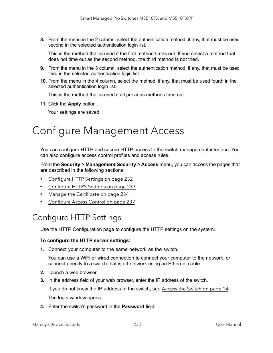 Configure management access, Configure http settings | NETGEAR MS510TXPP 8 Port Gigabit PoE Managed Switch User Manual | Page 232 / 355